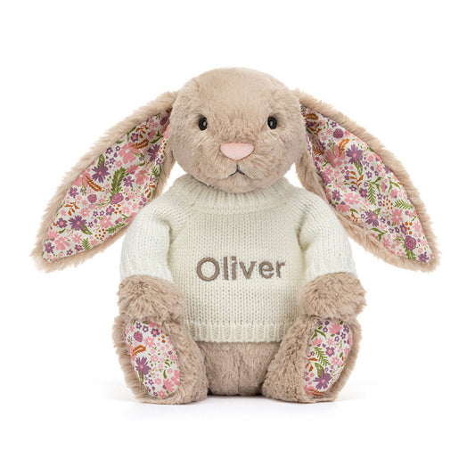 Custom Name Blossom Beige Bunny with Cream Knitted Jumper